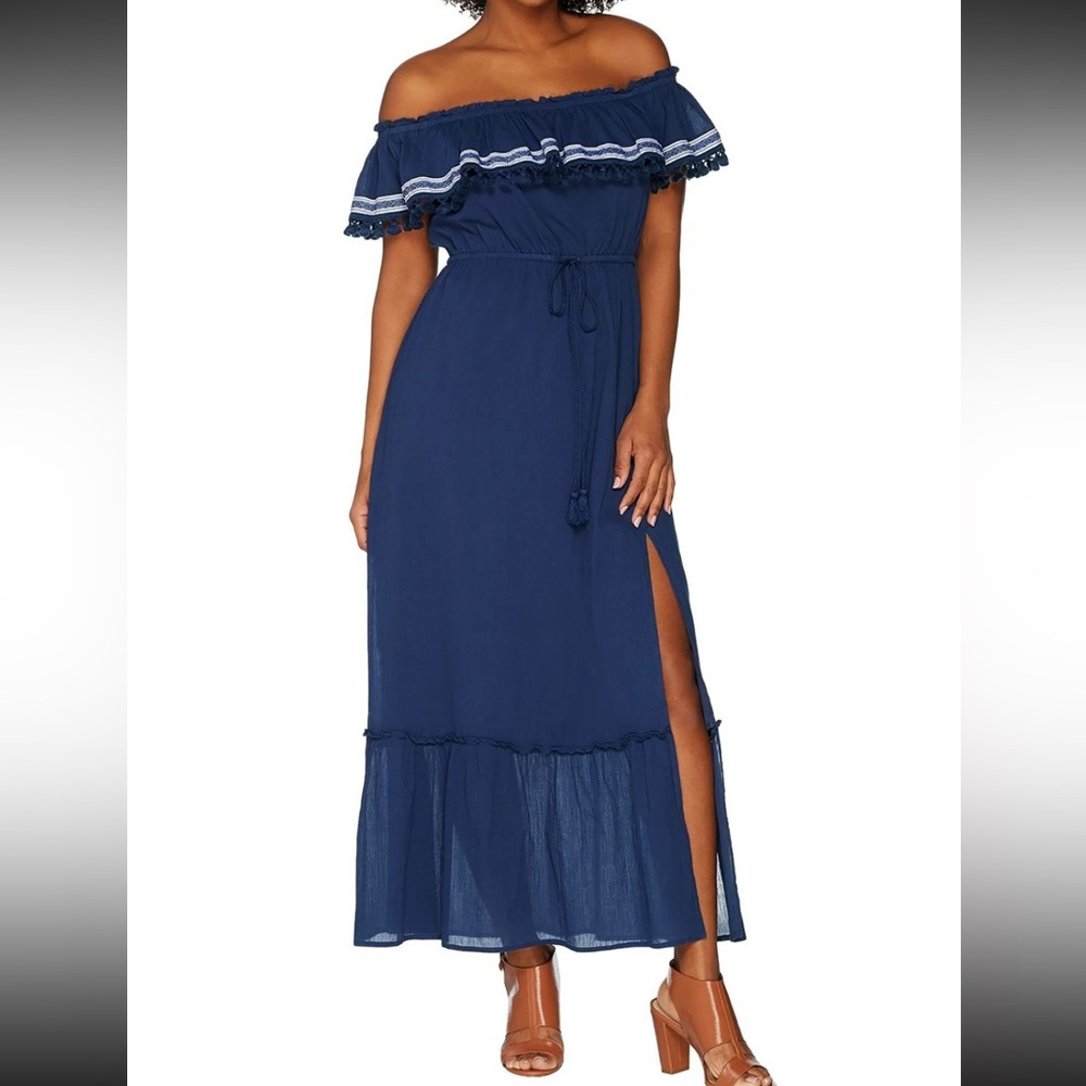 Vince Camuto Ruffled Off The Shoulder Navy Maxi Dress XS Cruise‎ Cottage Coastal